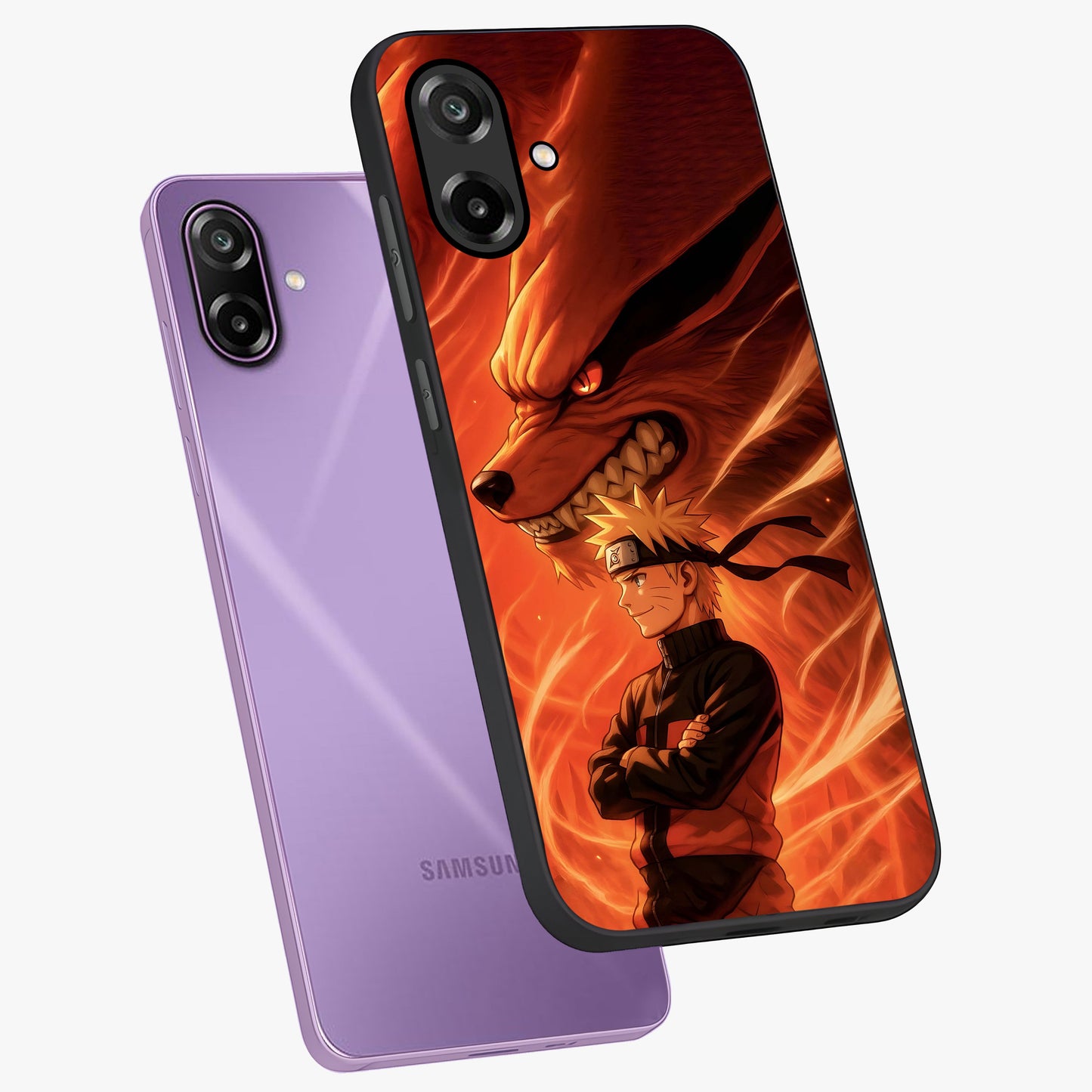 Nine Tails Legacy Glass Case displayed in angled mockup highlighting dynamic anime beast illustration with bold mystical aesthetic.