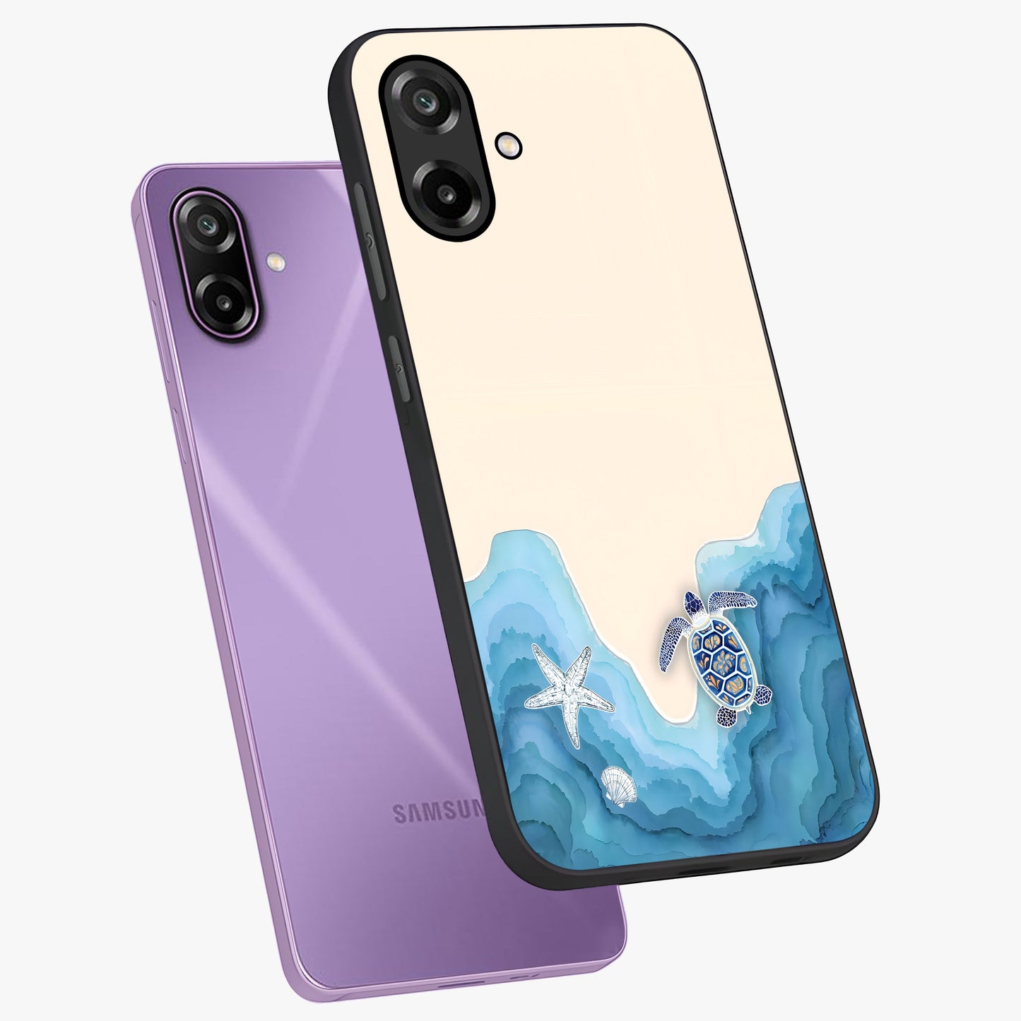 Ocean Drift Turtle Glass Case displayed in angled mockup highlighting peaceful ocean turtle illustration with marine aesthetic.