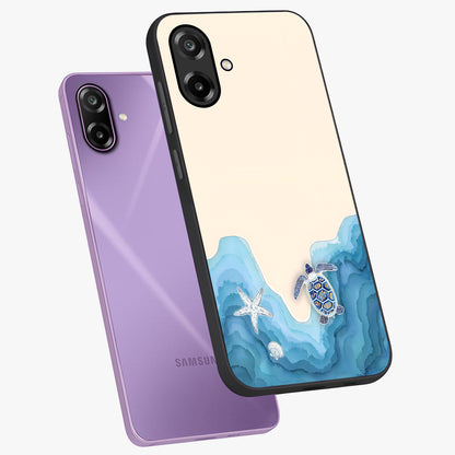 Ocean Drift Turtle Glass Case displayed in angled mockup highlighting peaceful ocean turtle illustration with marine aesthetic.