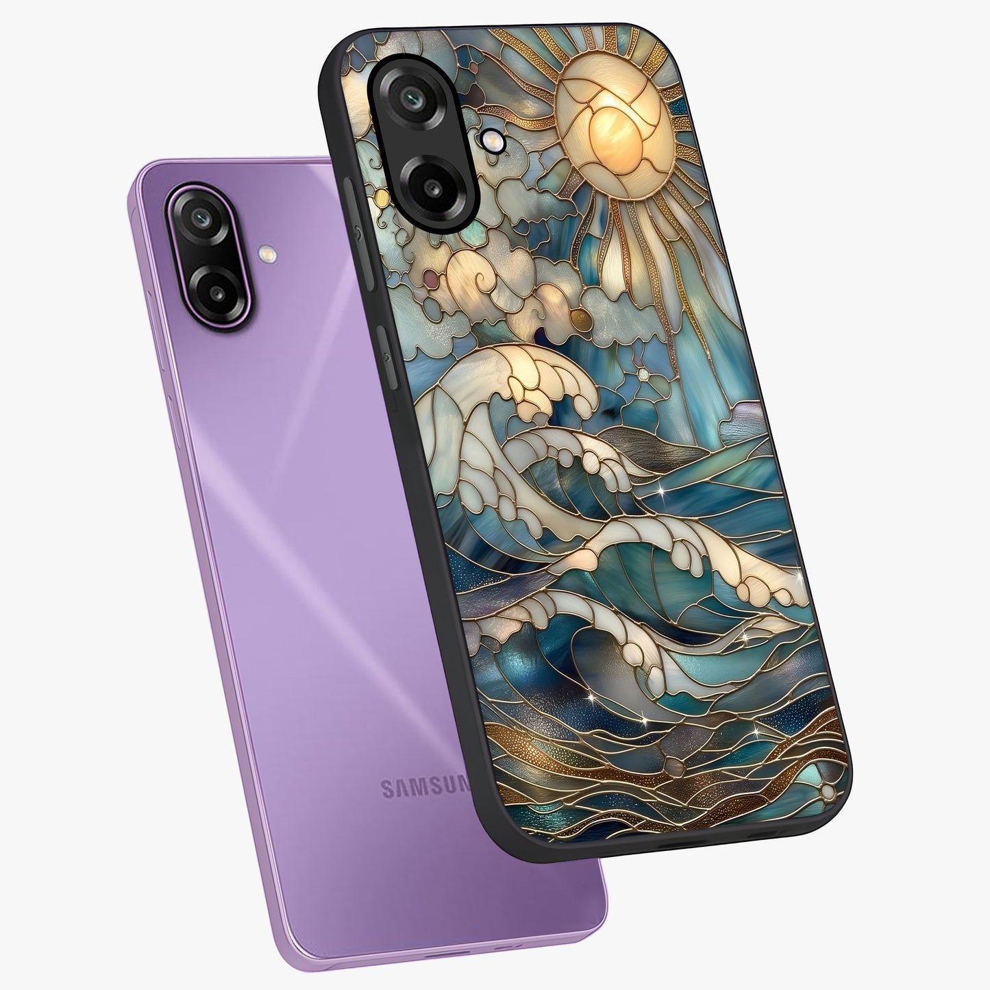 Oceanic Stained Printed Glass Case displayed in angled mockup highlighting colorful aquatic design with artistic aesthetic style.