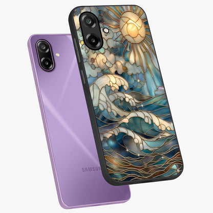 Oceanic Stained Printed Glass Case displayed in angled mockup highlighting colorful aquatic design with artistic aesthetic style.