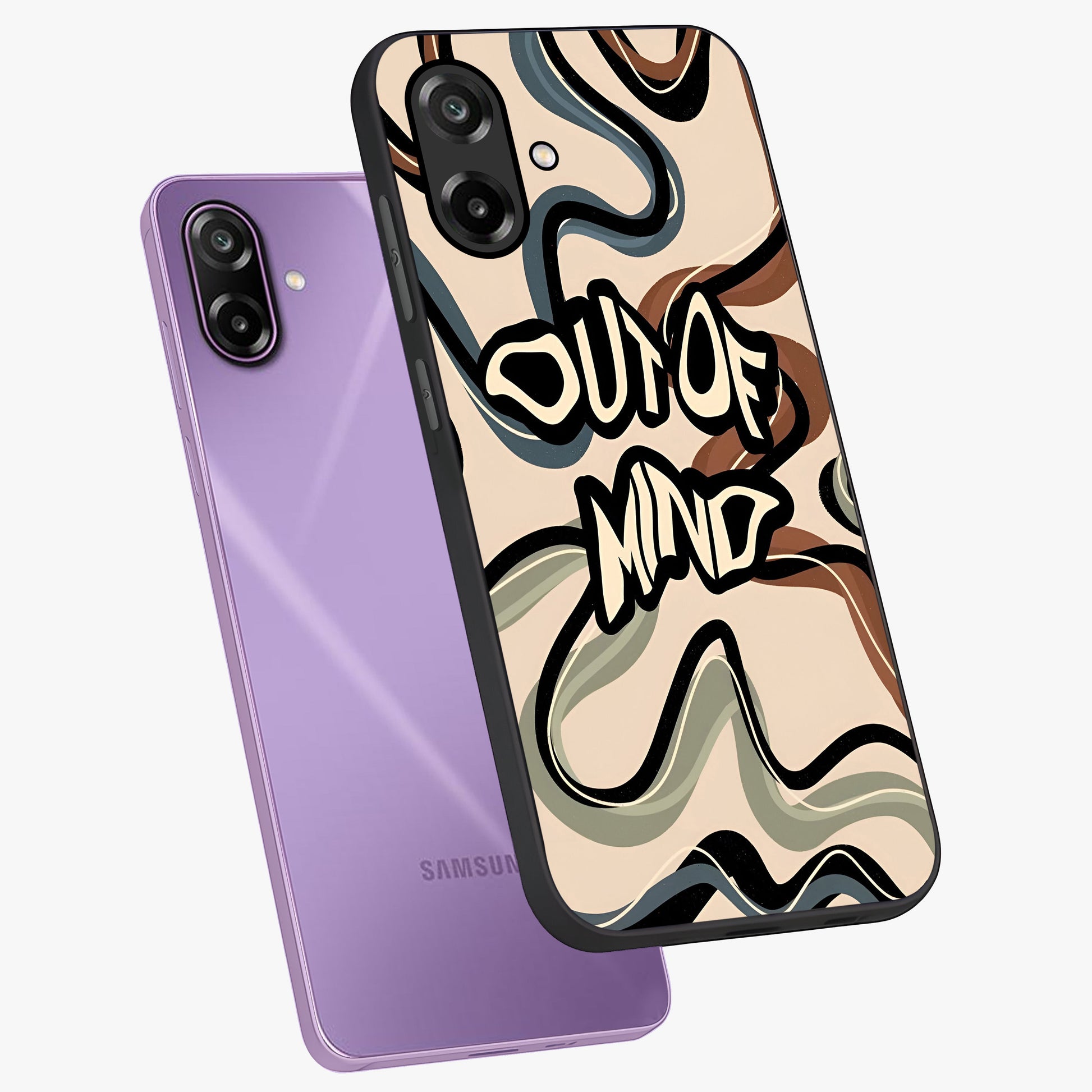 Out Of Mind Glass Case displayed in angled mockup highlighting bold statement design with modern artistic aesthetic.