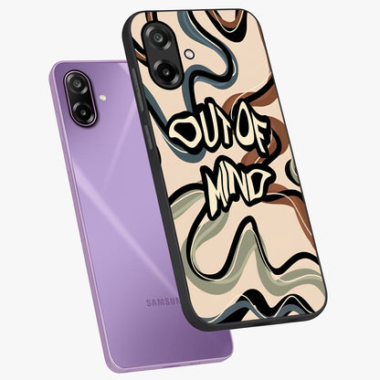Out Of Mind Glass Case displayed in angled mockup highlighting bold statement design with modern artistic aesthetic.