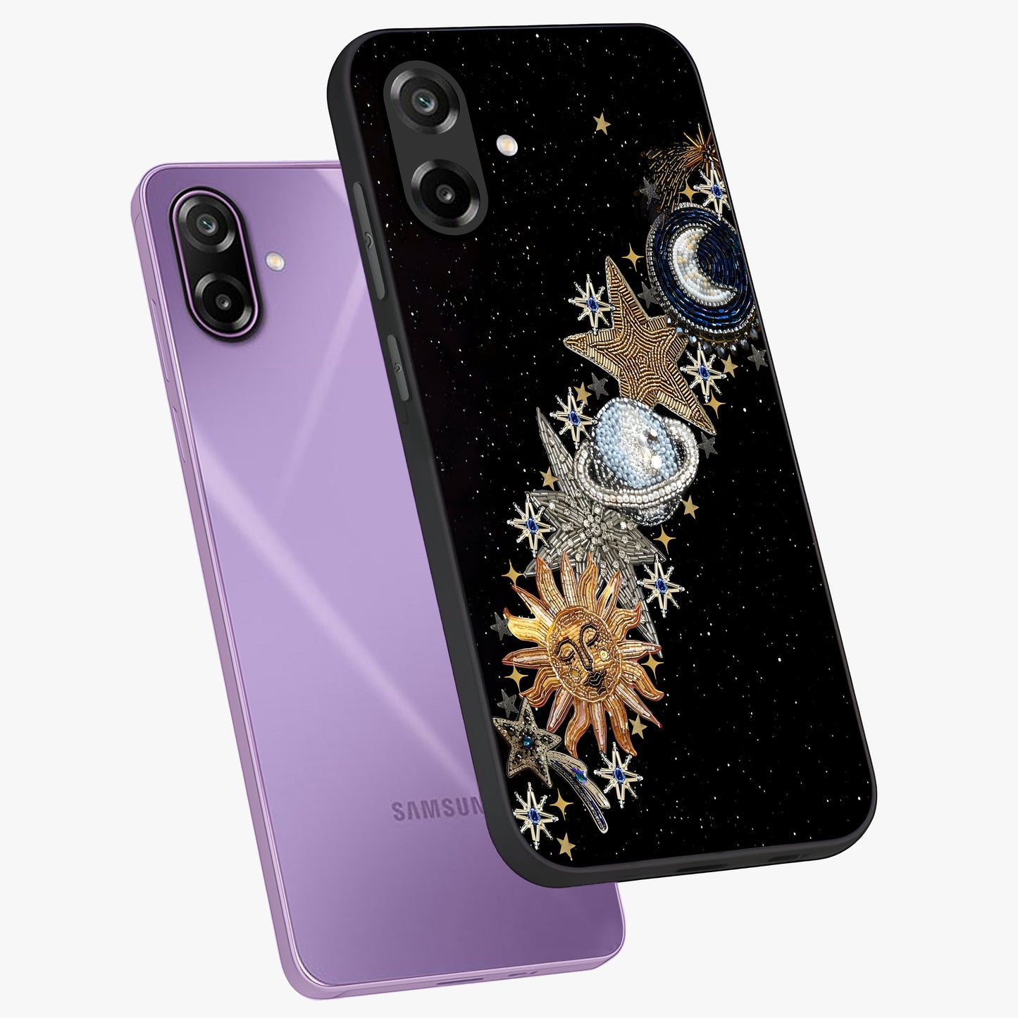 Pearls Universe Object Glass Case displayed in angled mockup highlighting celestial pearl design with dreamy aesthetic.