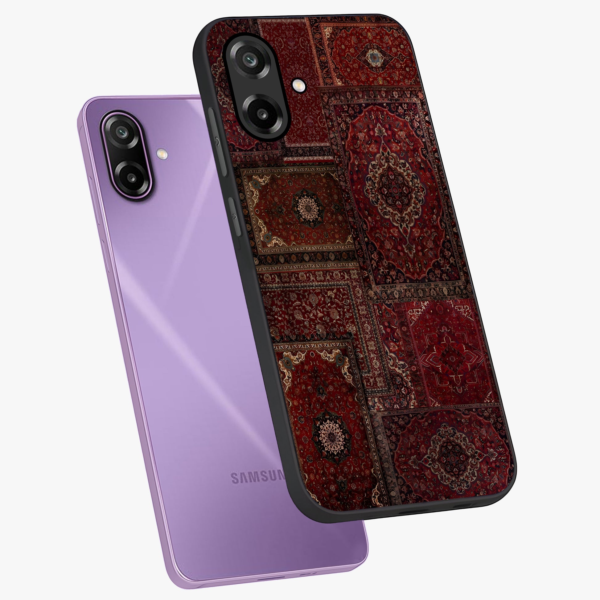 Persian Velvet Tale Glass Case displayed in angled mockup highlighting ornate textile inspired design with royal aesthetic.