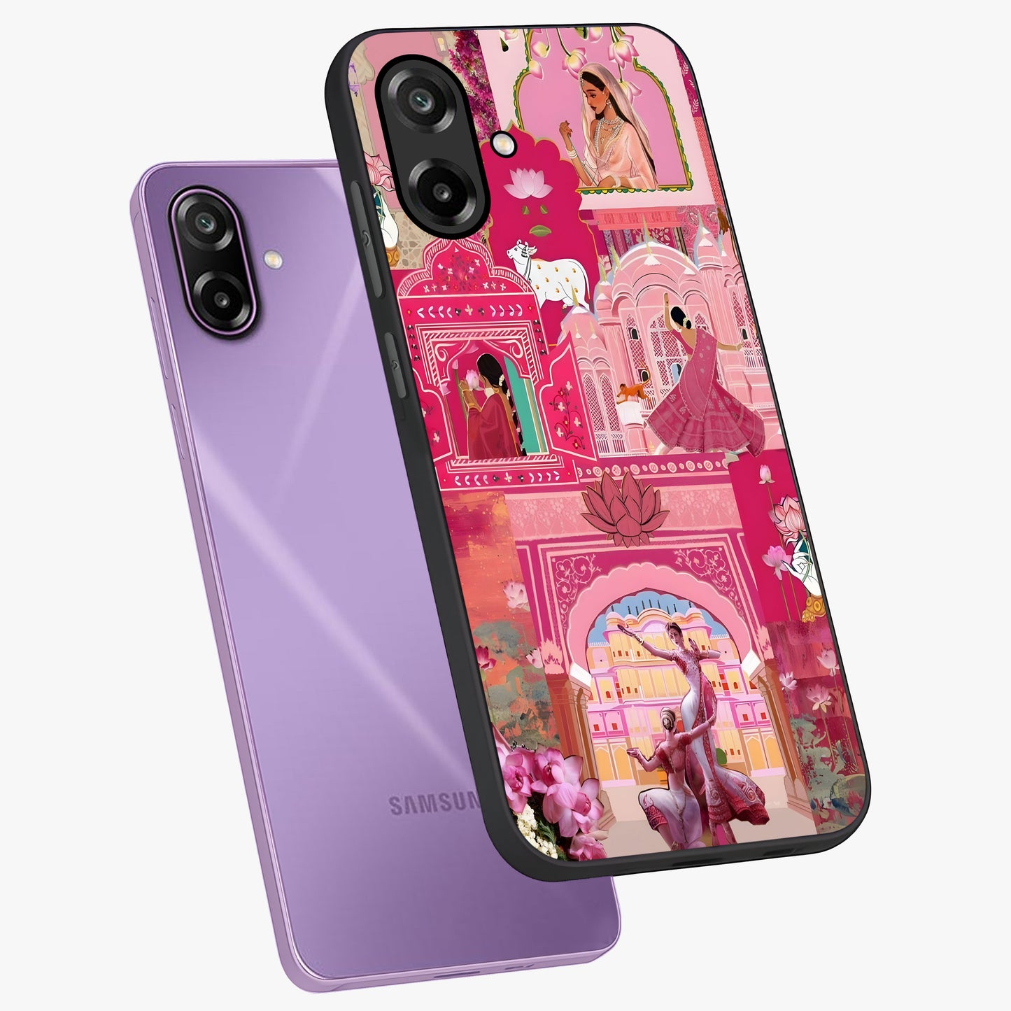 Pink Palace Muse Glass Case displayed in angled mockup highlighting dreamy palace illustration with soft pink aesthetic.