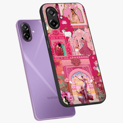 Pink Palace Muse Glass Case displayed in angled mockup highlighting dreamy palace illustration with soft pink aesthetic.