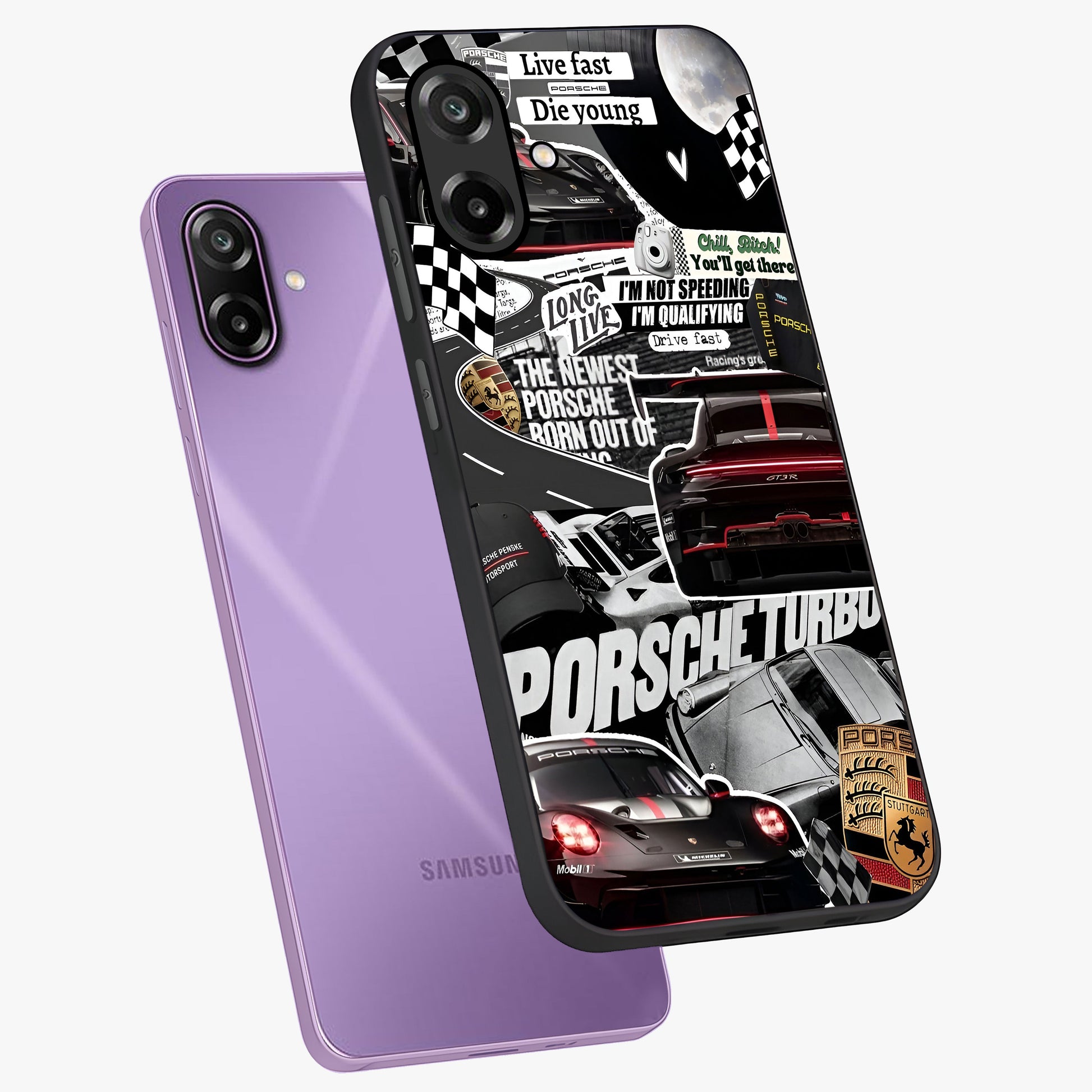 Porsche Racing Collage Glass Case displayed in angled mockup highlighting dynamic automotive design with bold racing aesthetic.