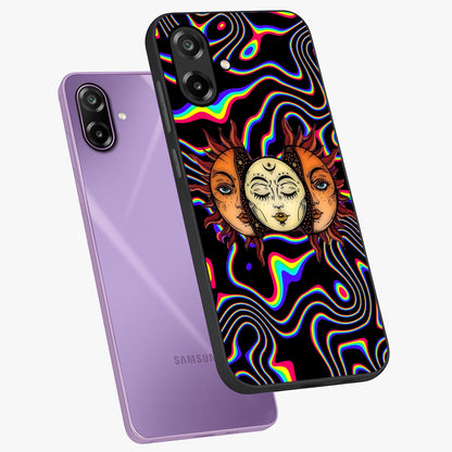 Psychedelic Sun Glass Case displayed in angled mockup highlighting vibrant abstract sun design with artistic aesthetic style.