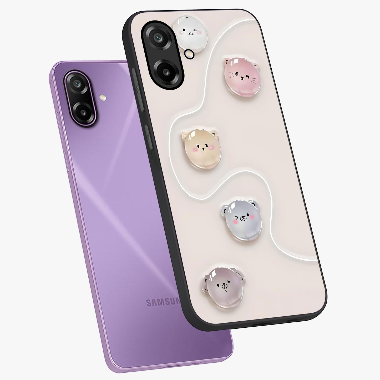 Puffy Face Parade Glass Case displayed in angled mockup highlighting playful cartoon face design with fun aesthetic.