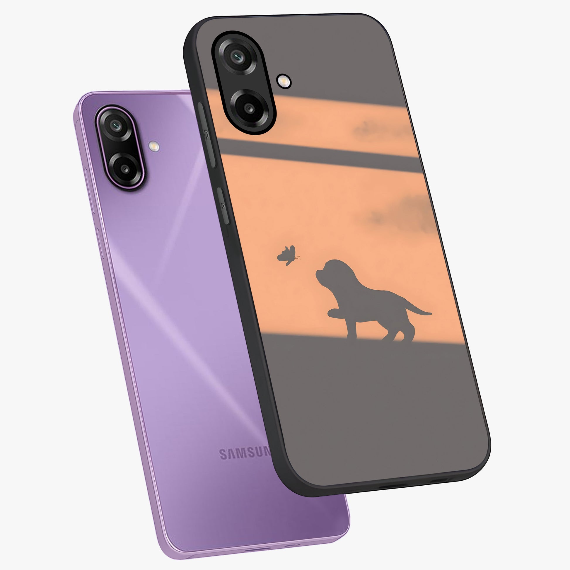 Puppy Shadow Art Glass Case displayed in angled mockup highlighting playful dog illustration with artistic shadow aesthetic.