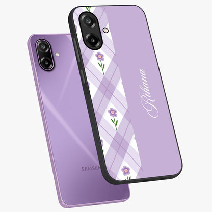 Purple Diamond Floral Glass Case displayed in angled mockup highlighting elegant purple flower design with decorative pattern.