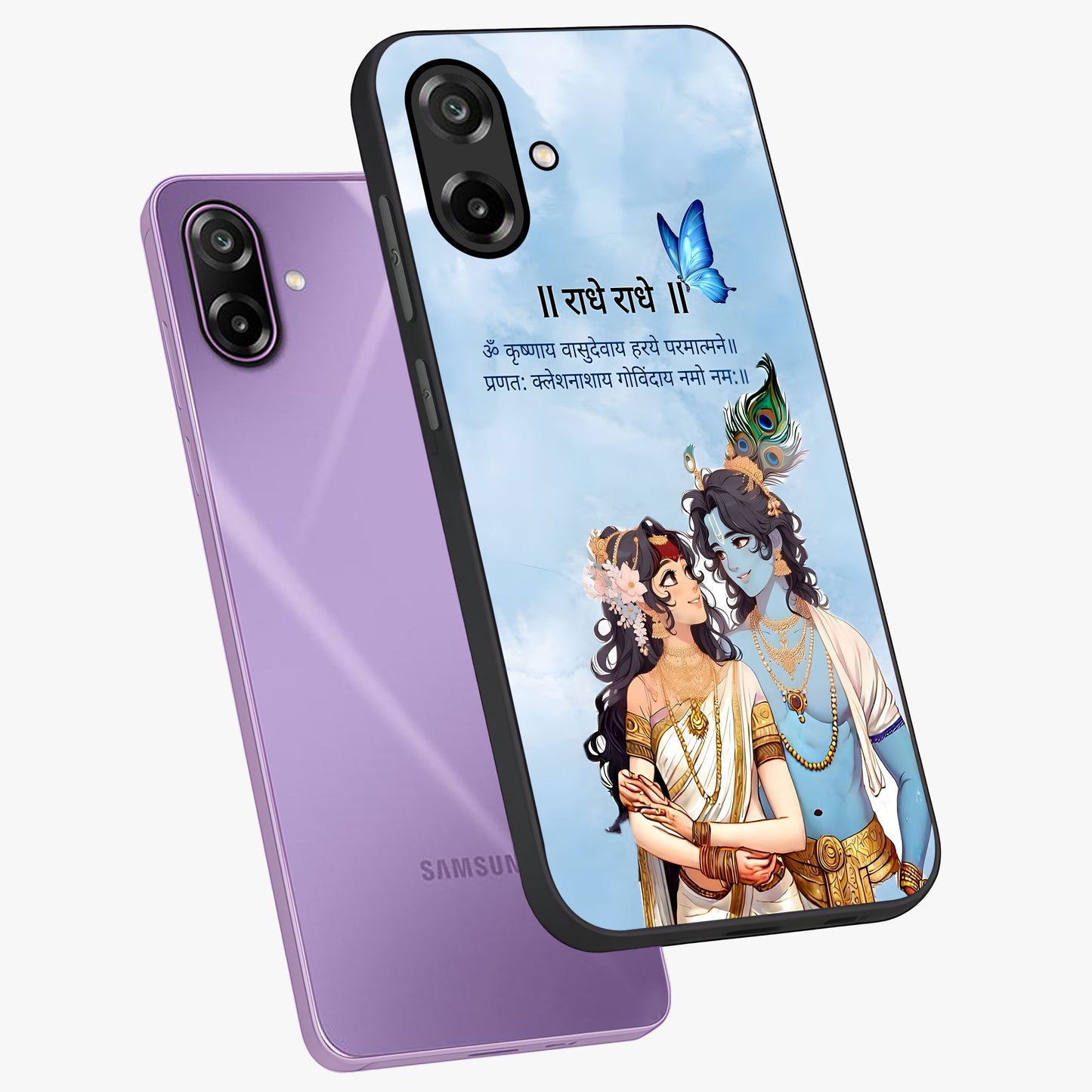 Radha Krishna Eternal Glass Case displayed in angled mockup highlighting divine Radha Krishna illustration with spiritual aesthetic.