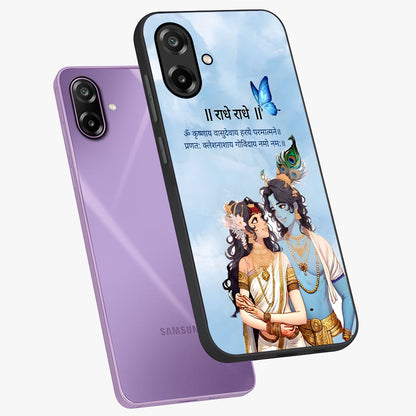 Radha Krishna Eternal Glass Case displayed in angled mockup highlighting divine Radha Krishna illustration with spiritual aesthetic.