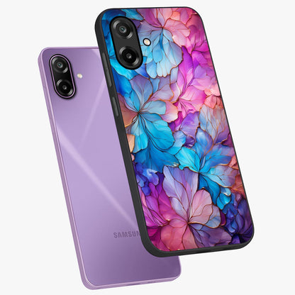 Radiant Floral Whirl Glass Case displayed in angled mockup highlighting vibrant flower pattern with dynamic artistic aesthetic.