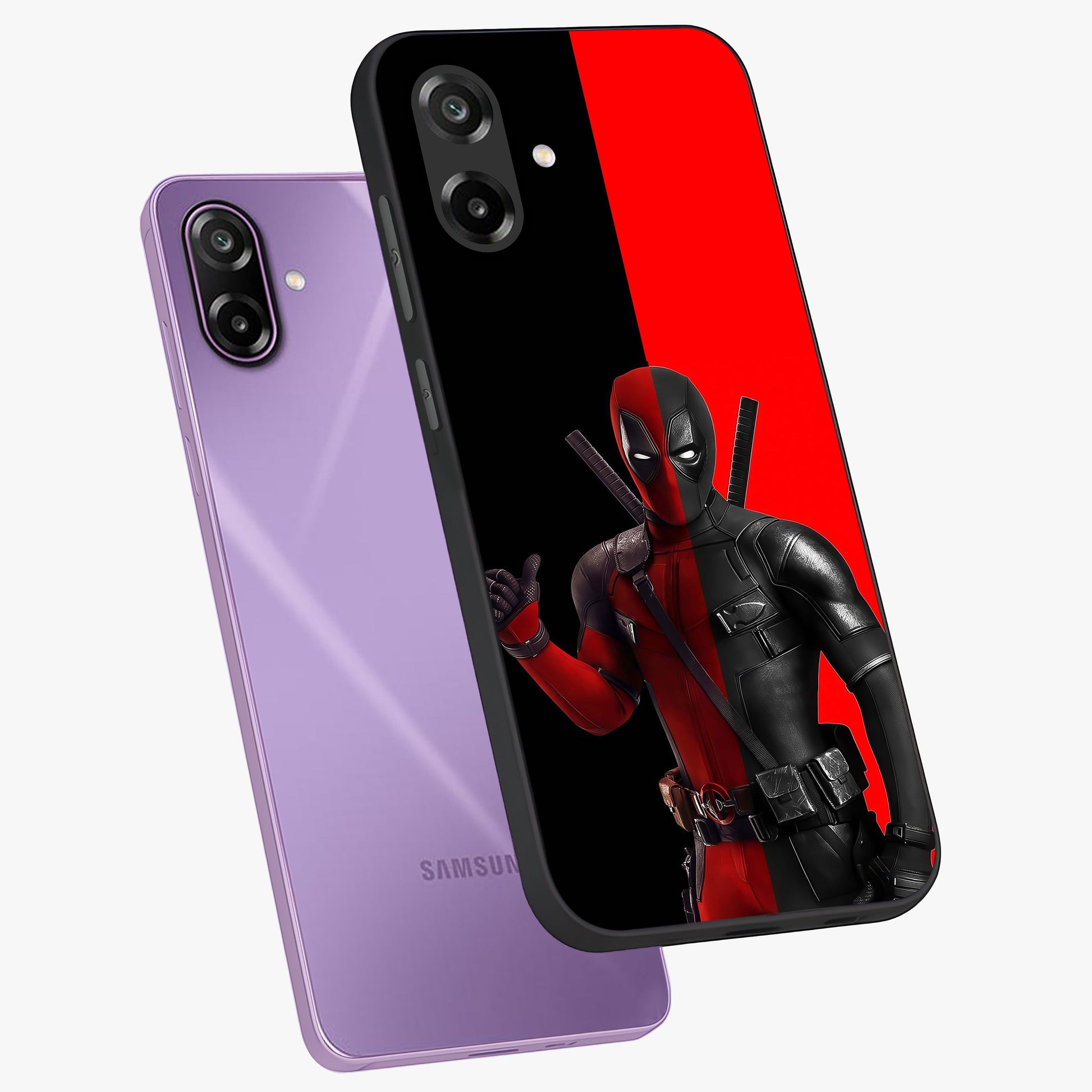 Red & Black Deadpool Theme Glass Case displayed in angled mockup highlighting vibrant superhero style illustration with action aesthetic.