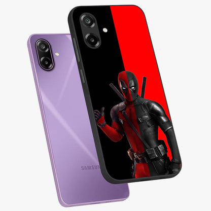Red & Black Deadpool Theme Glass Case displayed in angled mockup highlighting vibrant superhero style illustration with action aesthetic.
