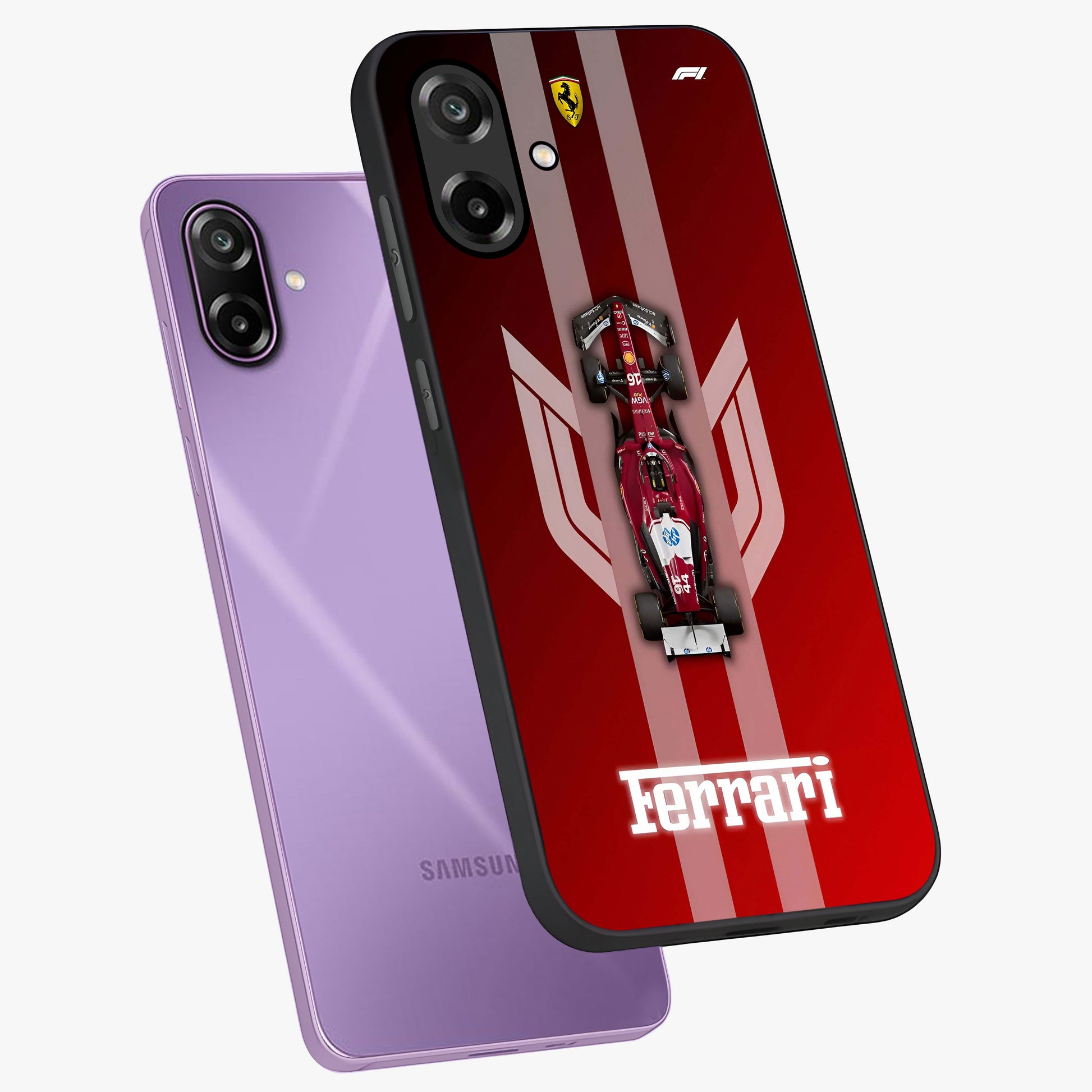 Red Ferrari F1 Vertical Glass Case displayed in angled mockup highlighting high speed racing design with bold automotive aesthetic.