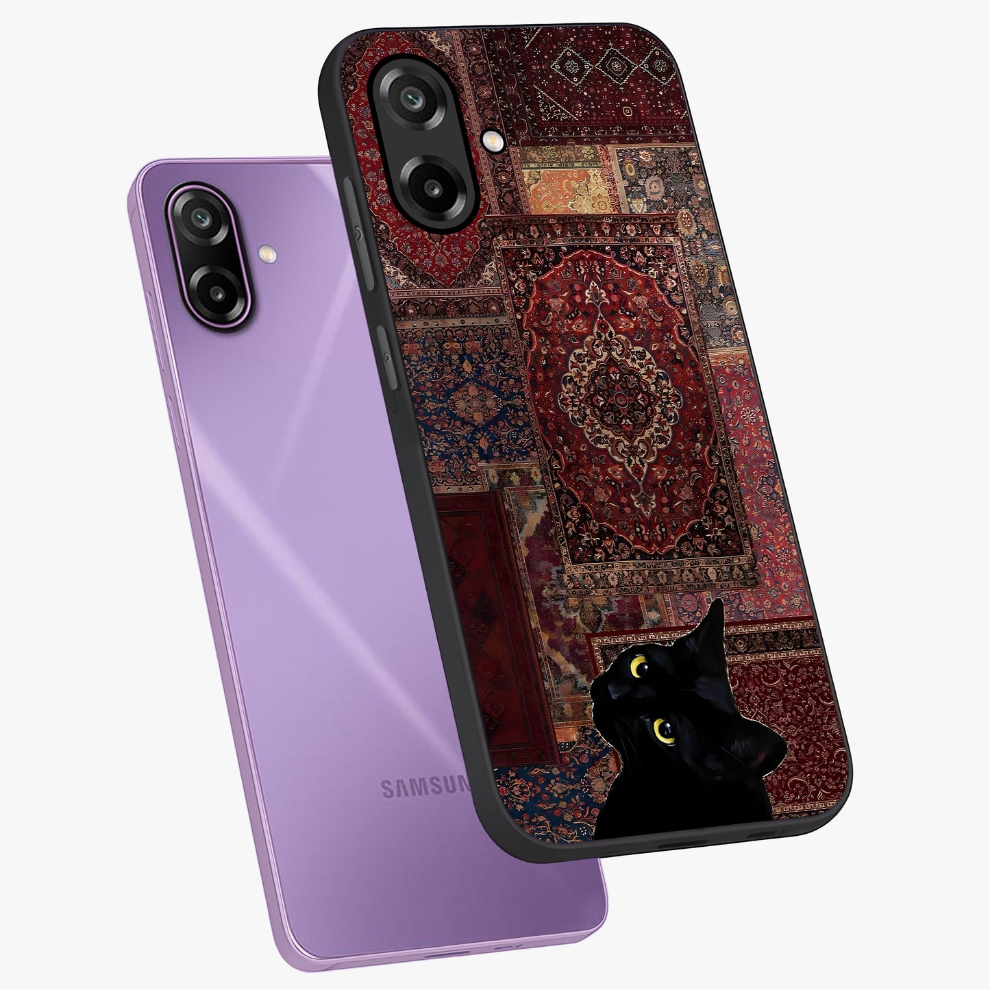 Regal Magic Cat Apple Glass Case displayed in angled mockup highlighting whimsical feline design with fantasy aesthetic.