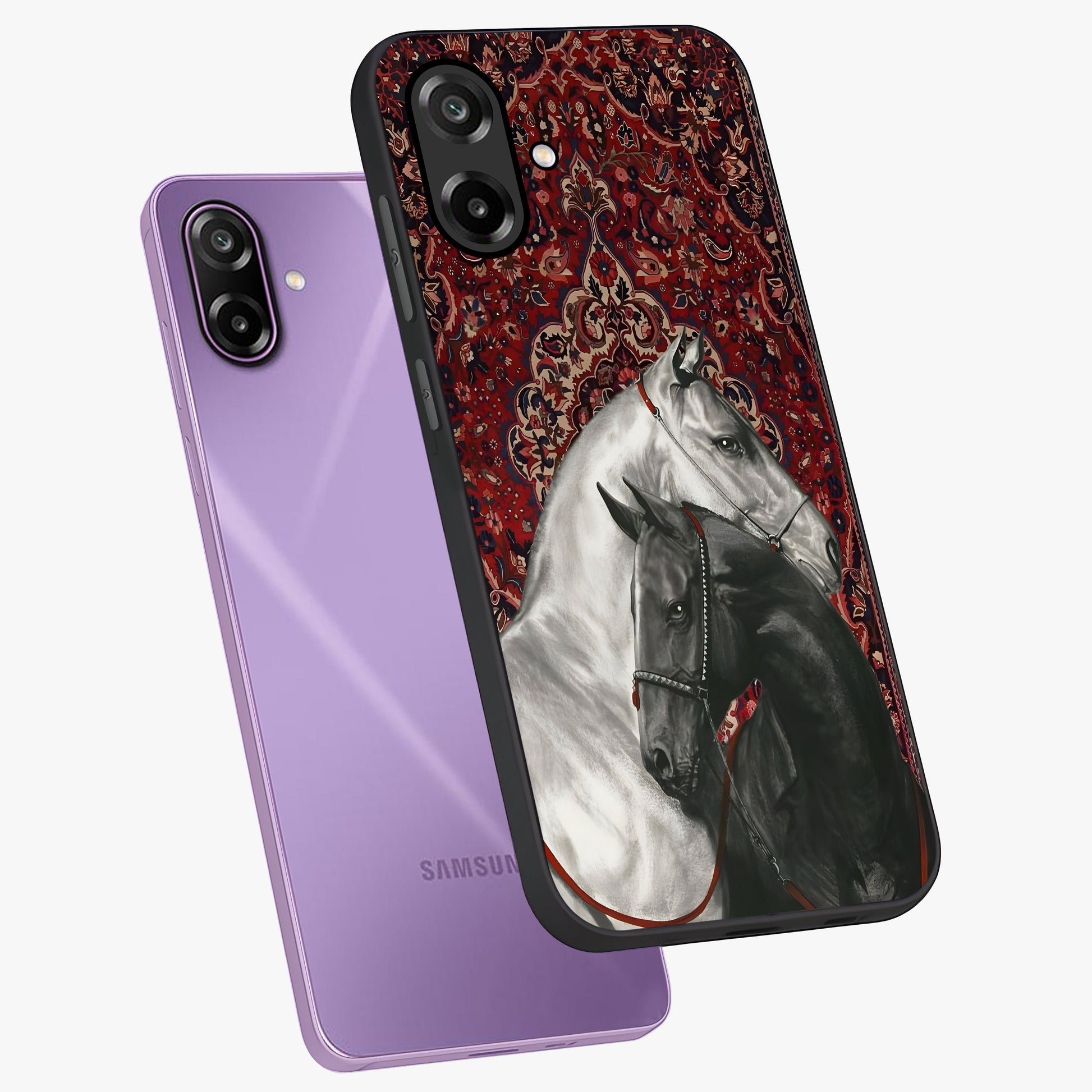 Regal Stallion Tapestry Glass Case displayed in angled mockup highlighting royal stallion design with decorative heritage aesthetic.