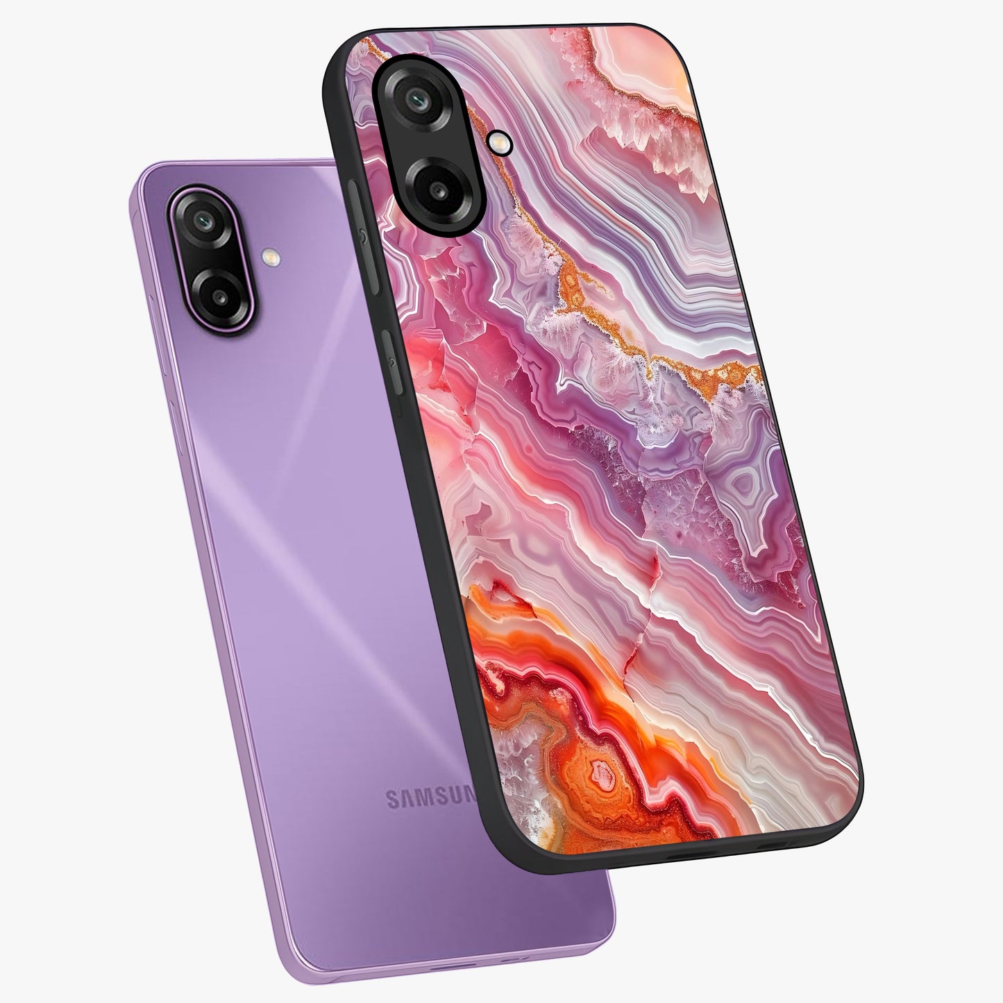 Rose Quartz Marble Glass Case displayed in angled mockup highlighting elegant marble pattern with soft aesthetic style.