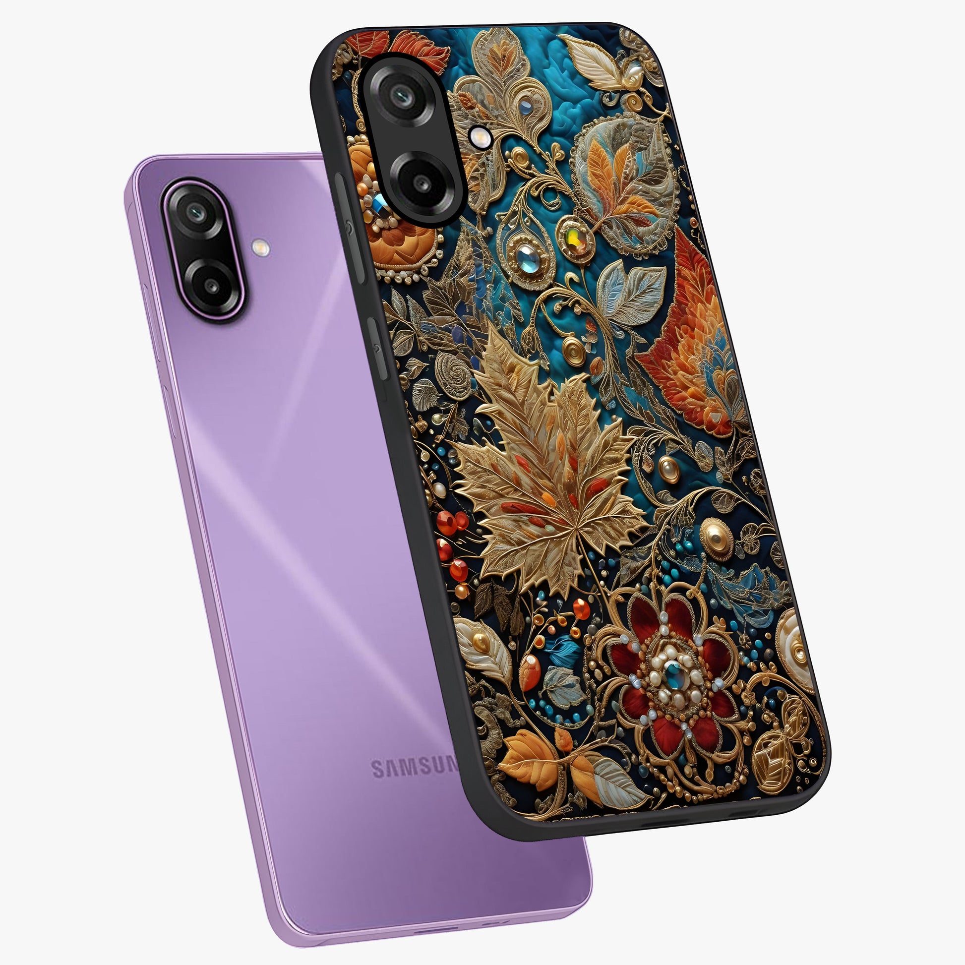 Royal Jewel Garden Glass Case displayed in angled mockup highlighting vibrant jewel inspired floral design with elegant aesthetic.