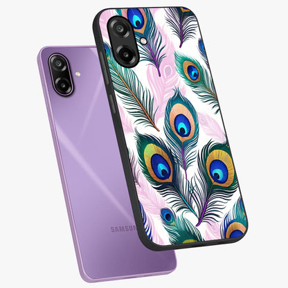 Royal Peacock Feathers Glass Case displayed in angled mockup highlighting vibrant feather pattern with regal aesthetic style.