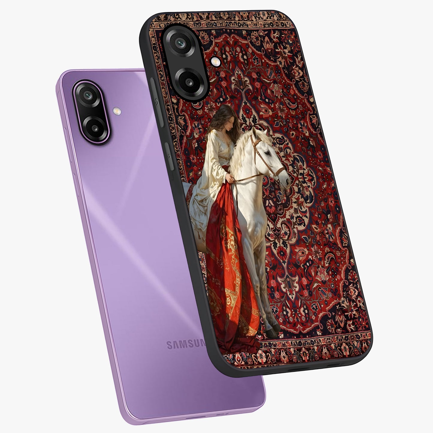 Royal Rider Tapestry Glass Case displayed in angled mockup highlighting traditional tapestry design with royal heritage aesthetic.