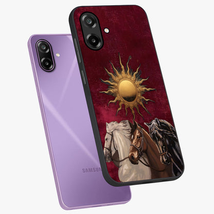 Solar Riders Glass Case displayed in angled mockup highlighting powerful rider illustration with radiant solar aesthetic.