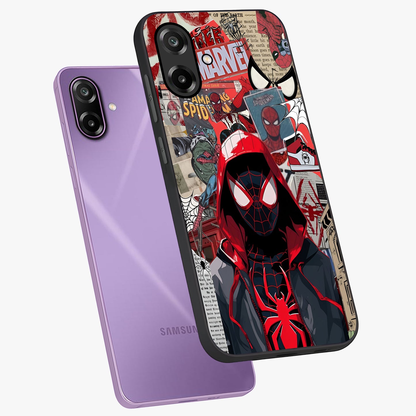 Spider Collage Street Glass Case displayed in angled mockup highlighting dynamic street style collage design with comic aesthetic.