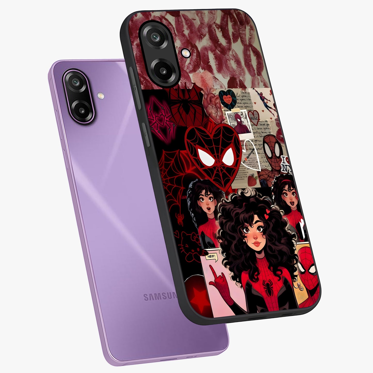 Spider Love Story Glass Case displayed in angled mockup highlighting expressive comic inspired design with playful aesthetic.