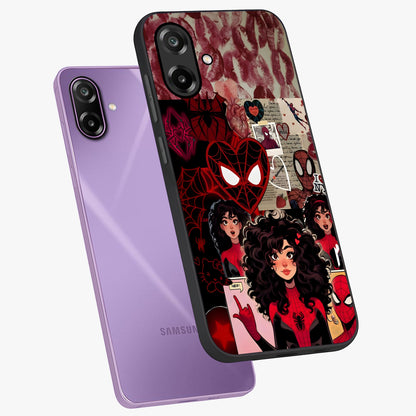 Spider Love Story Glass Case displayed in angled mockup highlighting expressive comic inspired design with playful aesthetic.