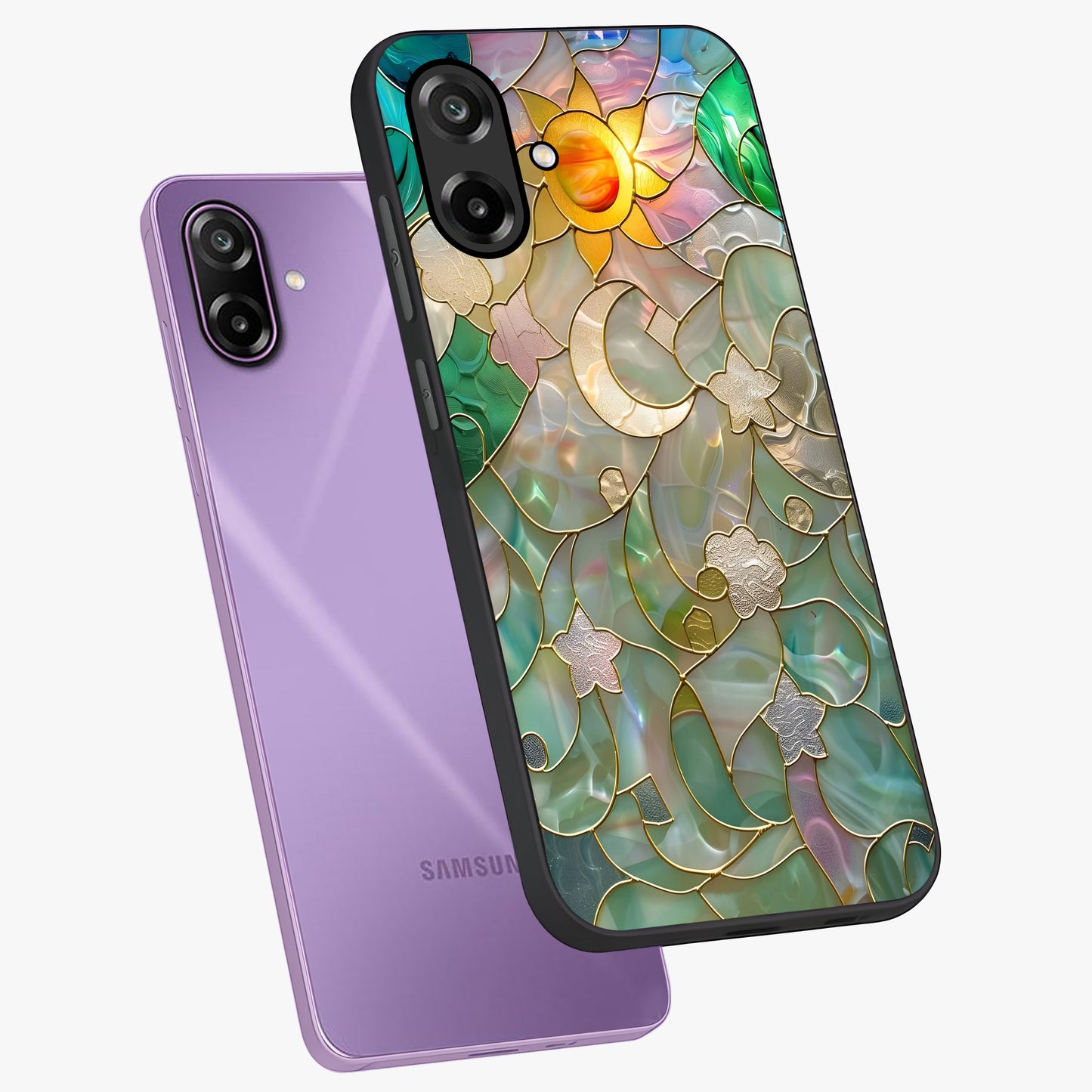 Stained Sunrise Glow Glass Case displayed in angled mockup highlighting radiant sunrise design with artistic aesthetic style.