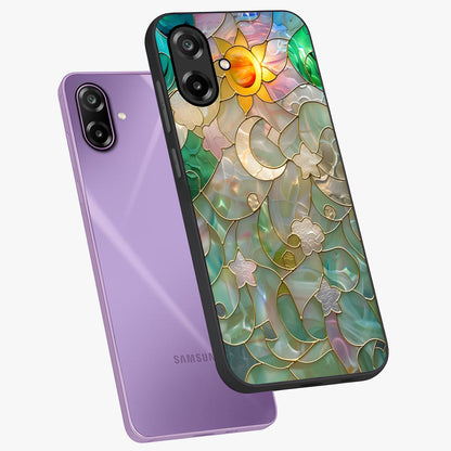 Stained Sunrise Glow Glass Case displayed in angled mockup highlighting radiant sunrise design with artistic aesthetic style.