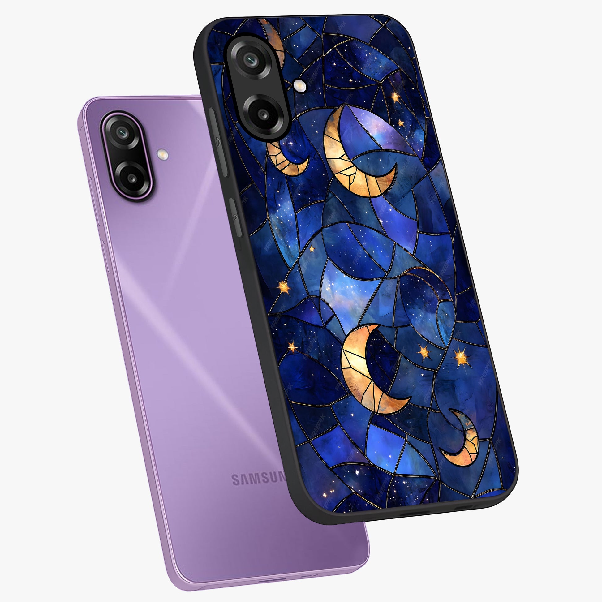 Starlit Sky Tapestry Glass Case displayed in angled mockup highlighting celestial night pattern with artistic aesthetic style.