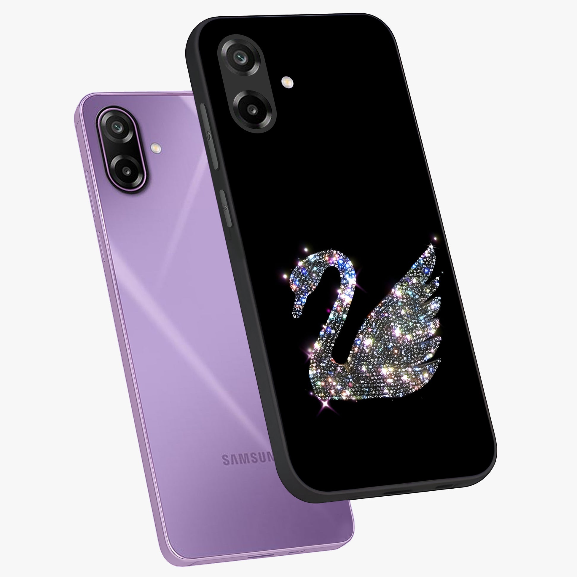 Starlit Swan Grace Glass Case displayed in angled mockup highlighting elegant swan illustration with dreamy celestial aesthetic.