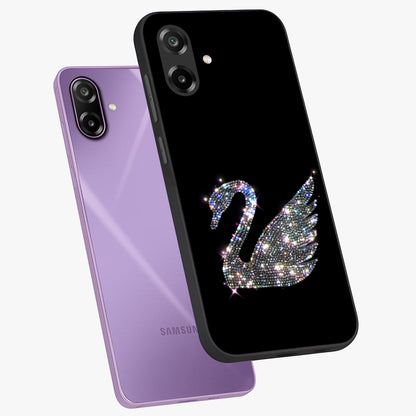 Starlit Swan Grace Glass Case displayed in angled mockup highlighting elegant swan illustration with dreamy celestial aesthetic.
