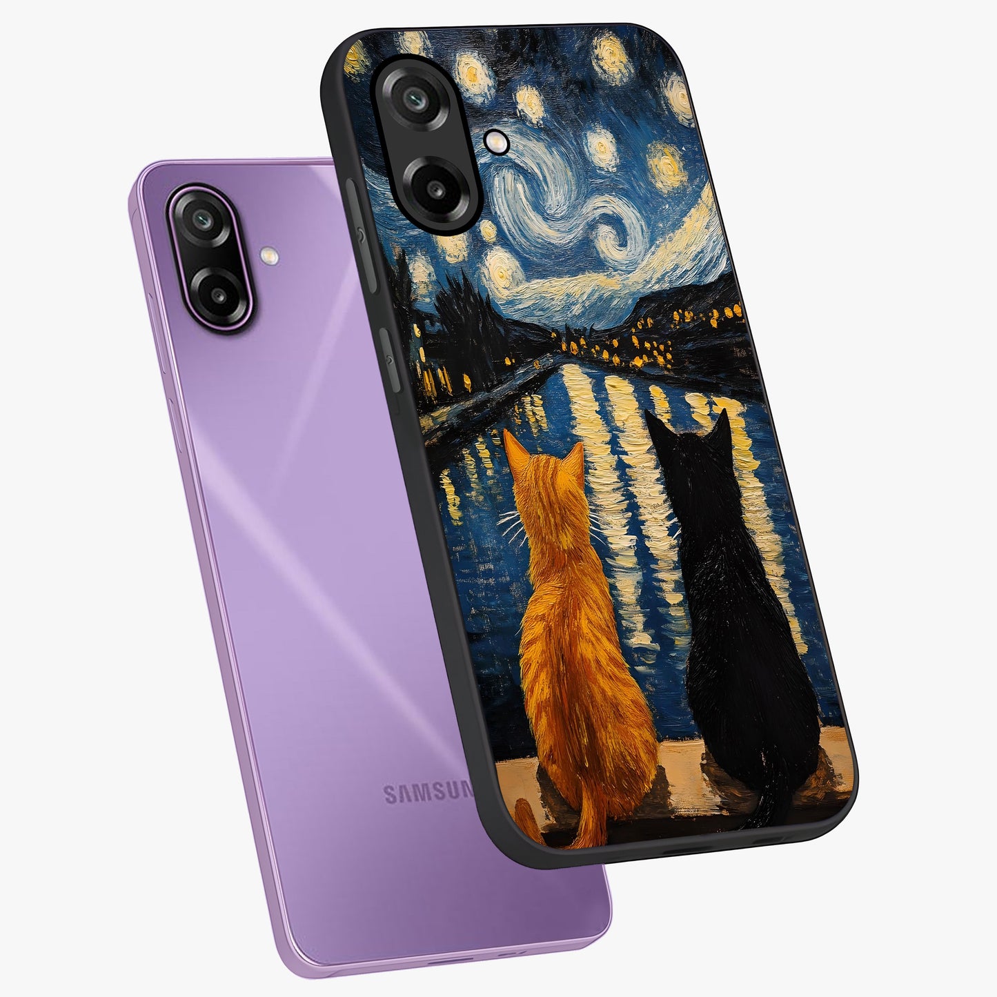 Starry River Cats Glass Case displayed in angled mockup highlighting charming feline illustration with dreamy night aesthetic.