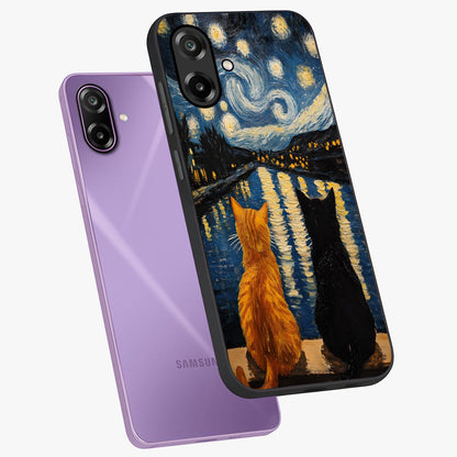 Starry River Cats Glass Case displayed in angled mockup highlighting charming feline illustration with dreamy night aesthetic.