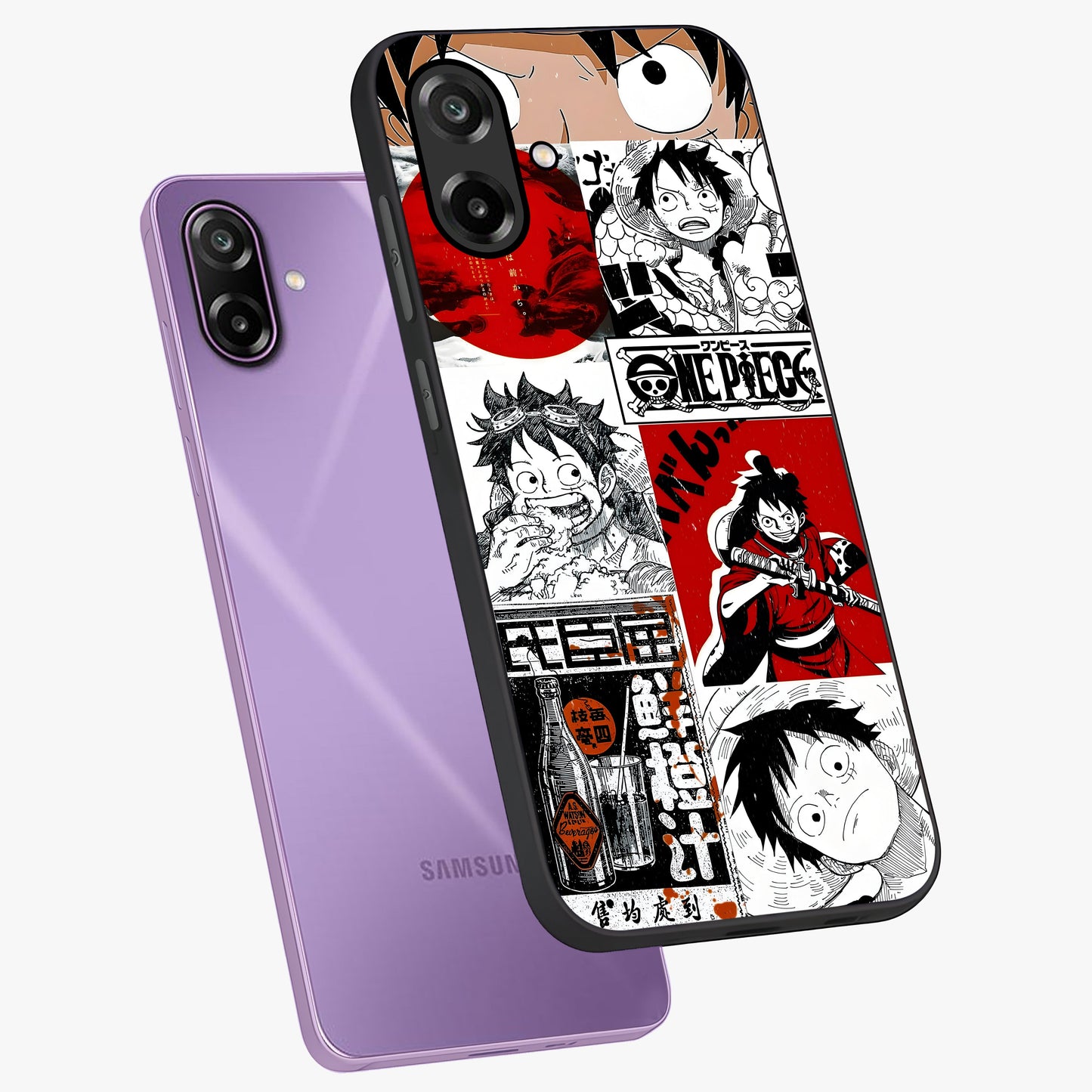 Strawhat Chaos Panels Glass Case displayed in angled mockup highlighting vibrant anime collage design with action aesthetic.