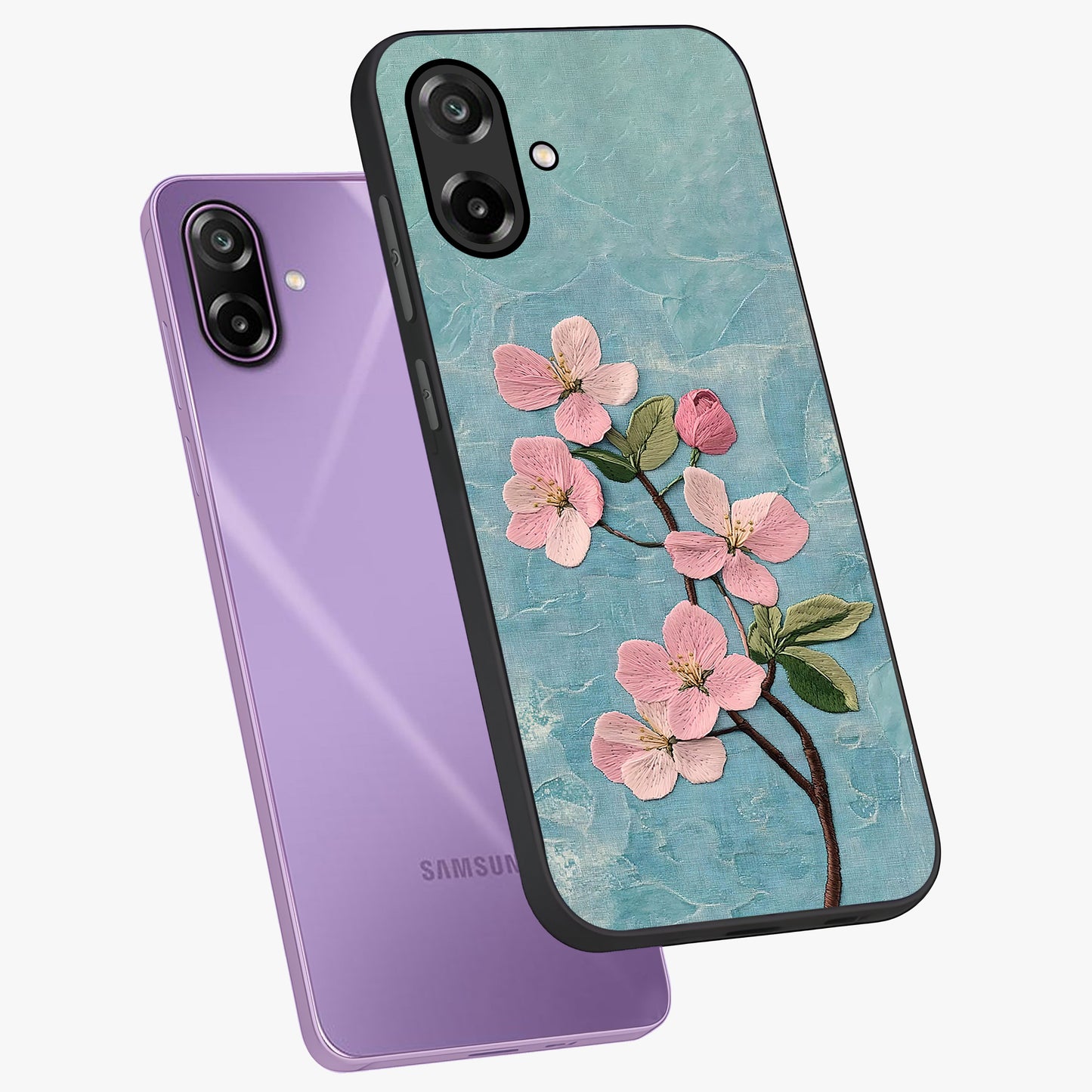 Threaded Blossom Breeze Glass Case displayed in angled mockup highlighting elegant floral design with soft aesthetic style.
