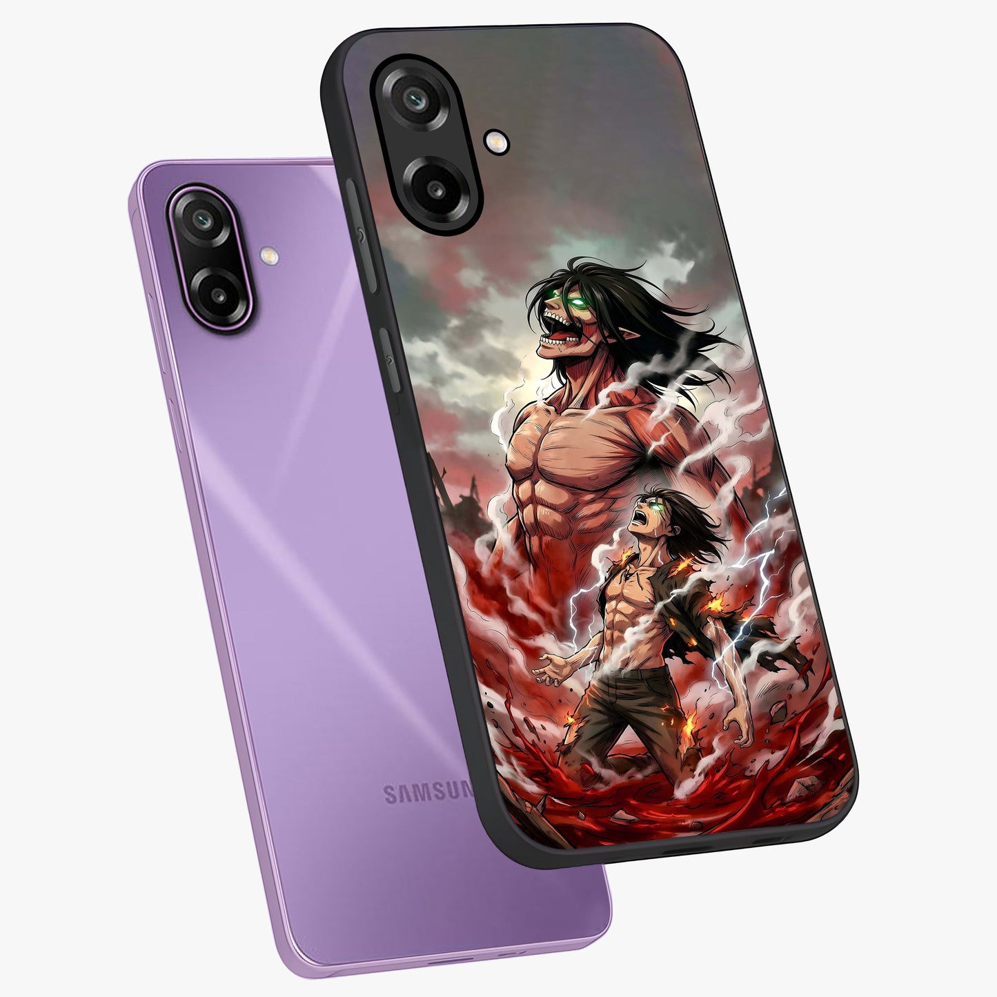 Titan Awakening Fury Glass Case displayed in angled mockup highlighting dramatic giant warrior design with bold anime aesthetic.
