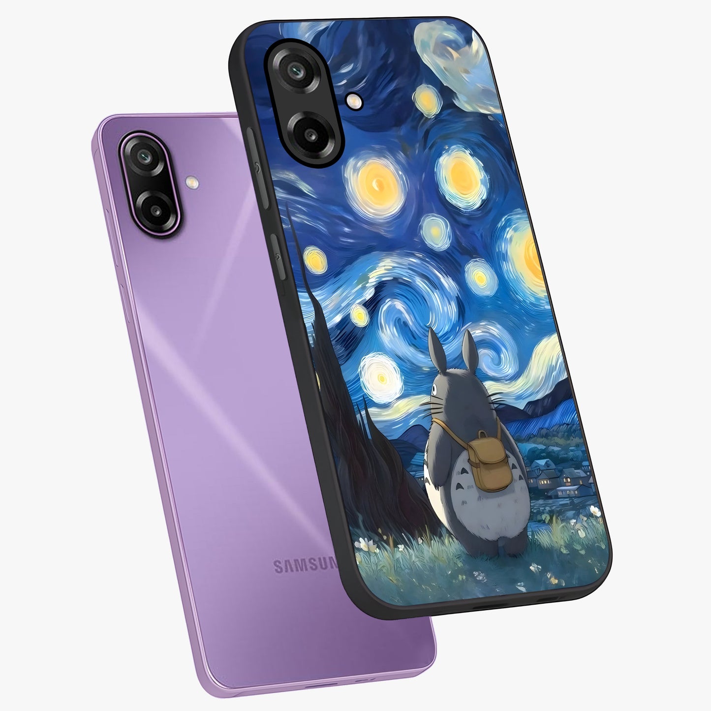 Totoro In Van Gogh Art Glass Case displayed in angled mockup highlighting artistic swirling sky design with playful animation aesthetic.