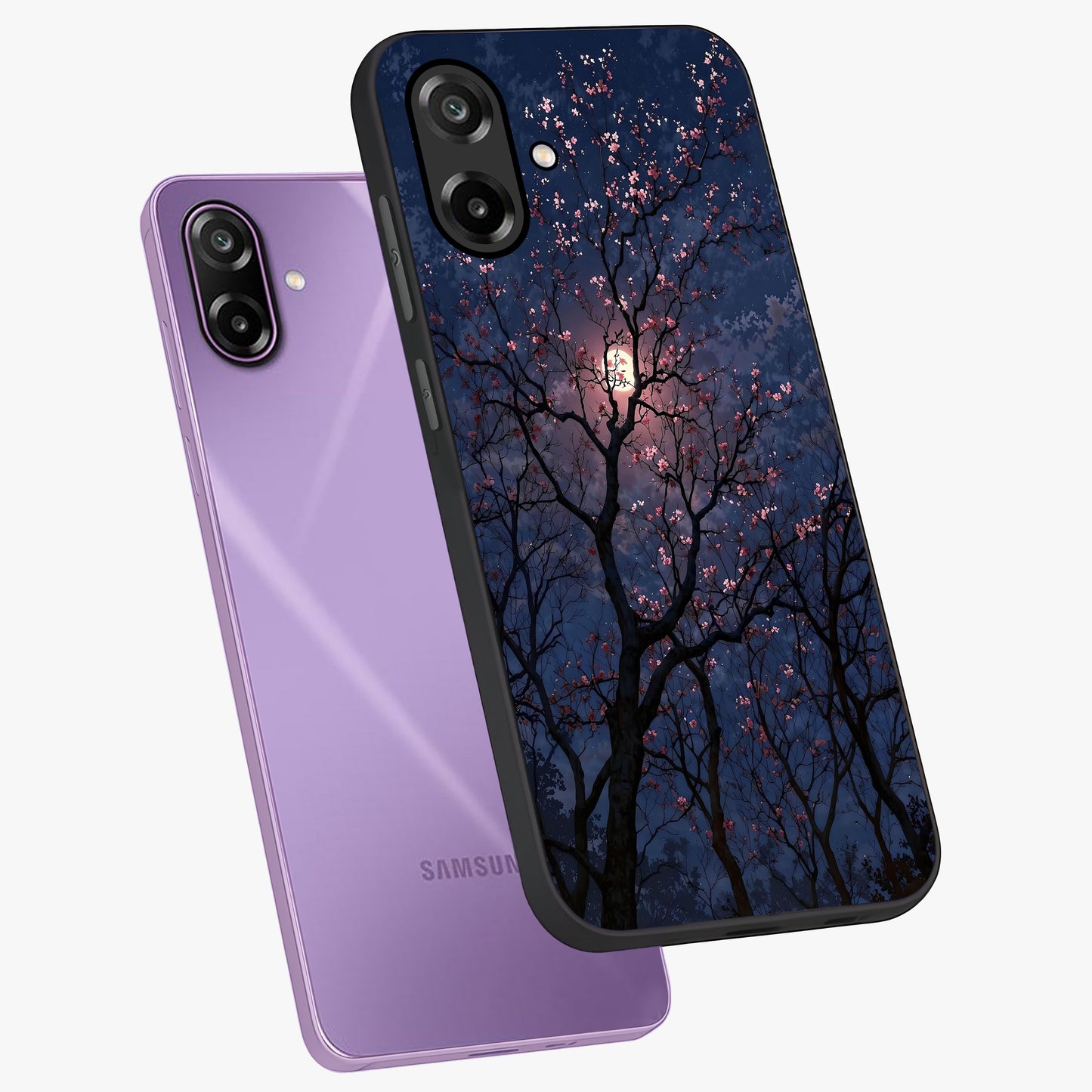 Twilight Sakura Serenade Glass Case displayed in angled mockup highlighting delicate sakura flower design with dreamy aesthetic.