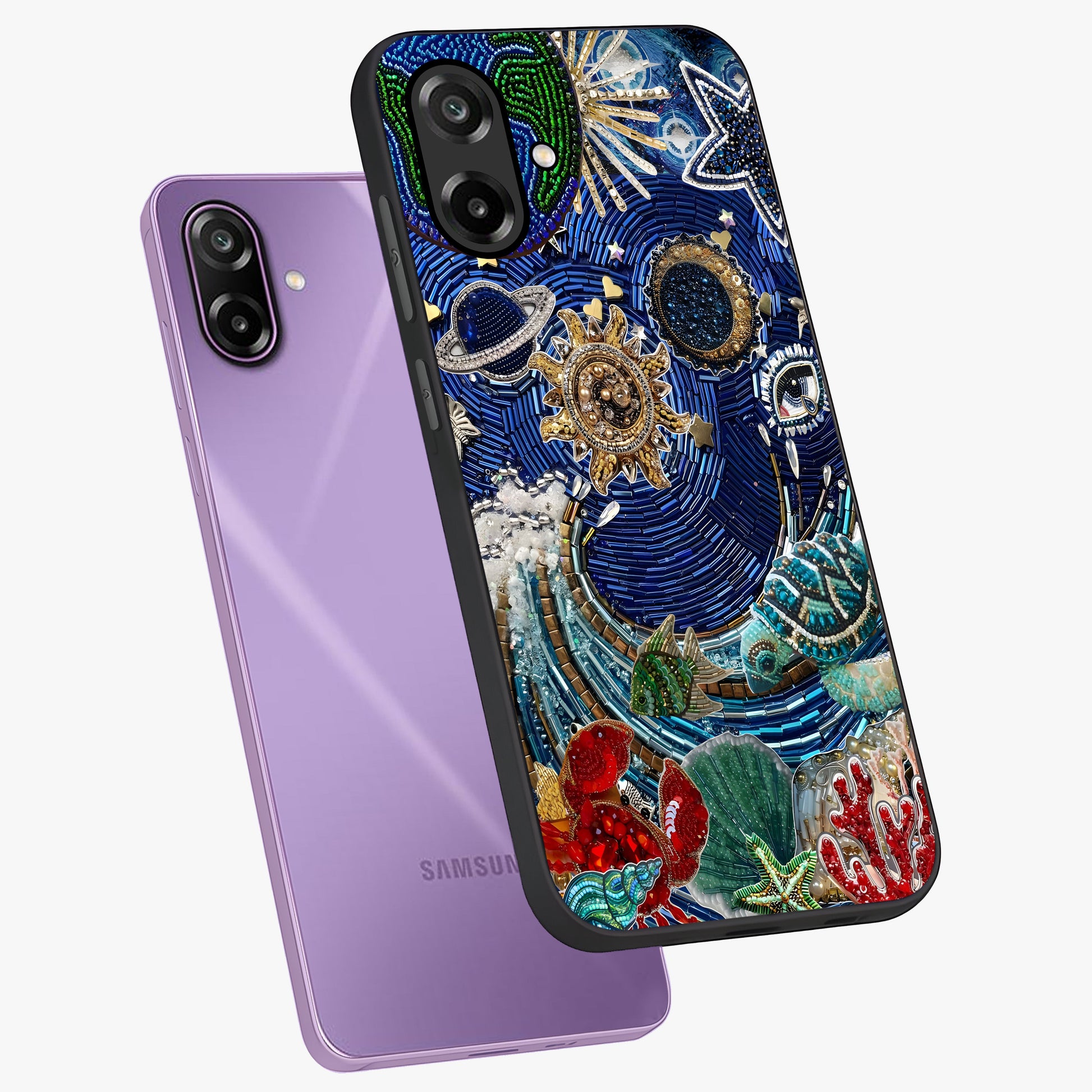 Universe Underwater Spark Glass Case displayed in angled mockup highlighting glowing aquatic design with celestial aesthetic.