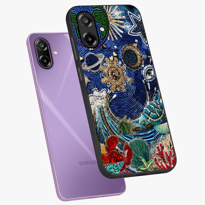 Universe Underwater Spark Glass Case displayed in angled mockup highlighting glowing aquatic design with celestial aesthetic.