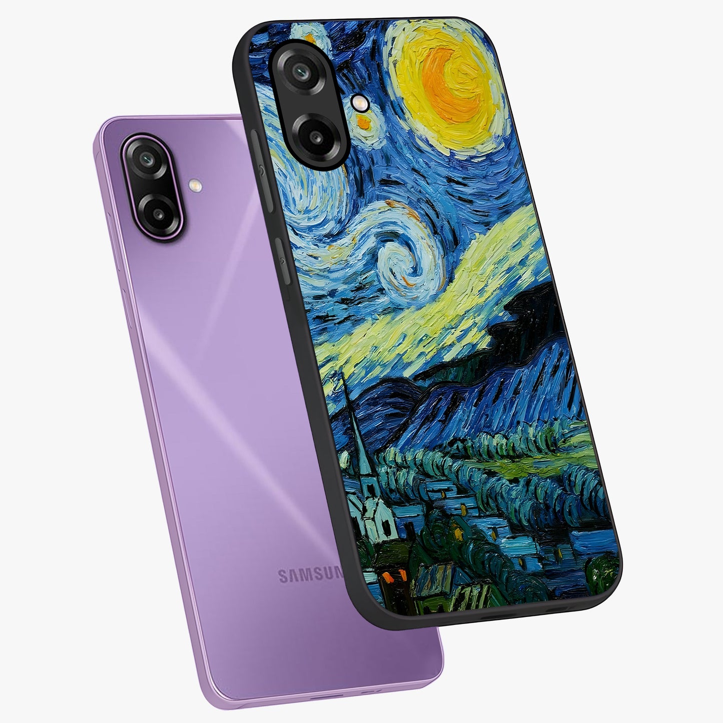 Van Gogh Art Glass Case displayed in angled mockup highlighting swirling brushstroke design with artistic aesthetic.