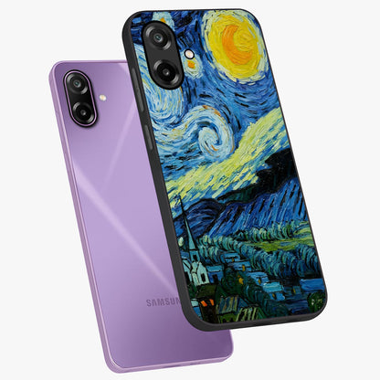 Van Gogh Art Glass Case displayed in angled mockup highlighting swirling brushstroke design with artistic aesthetic.