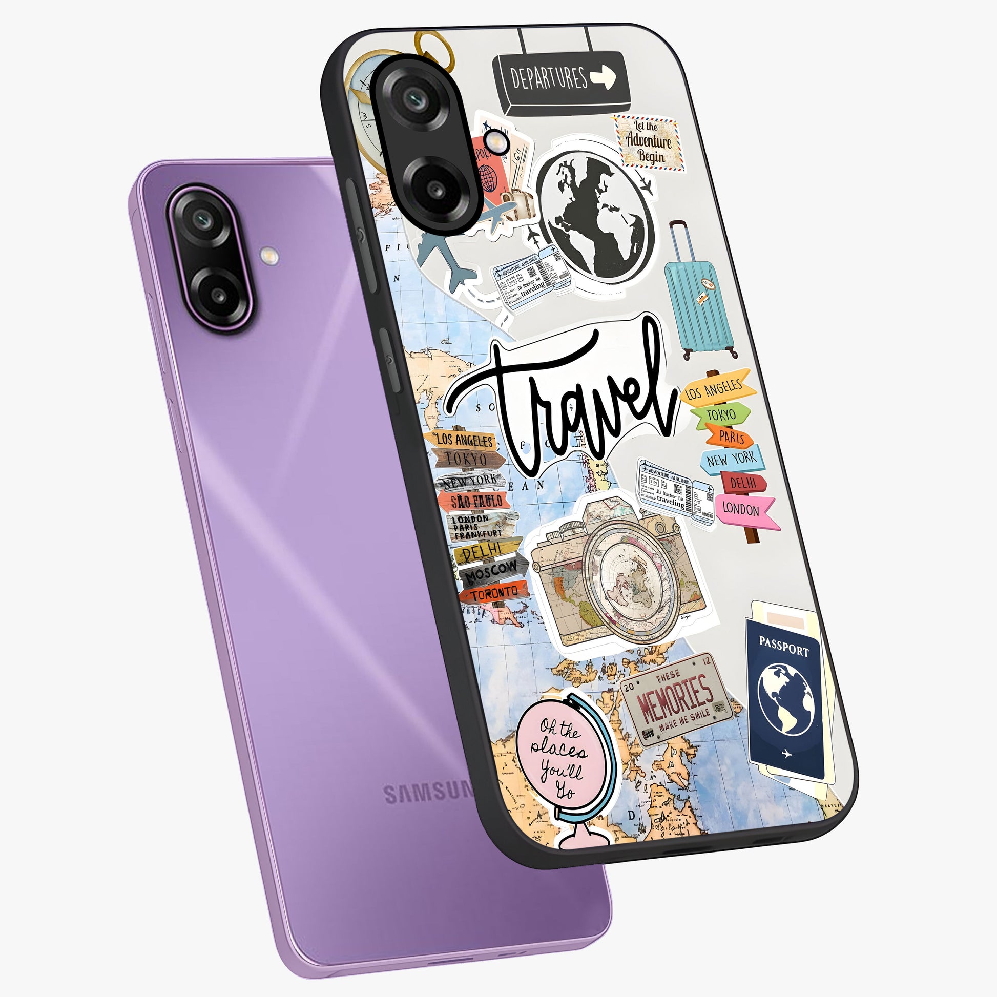Wanderlust Journal Glass Case displayed in angled mockup highlighting adventure themed design with aesthetic travel vibe.