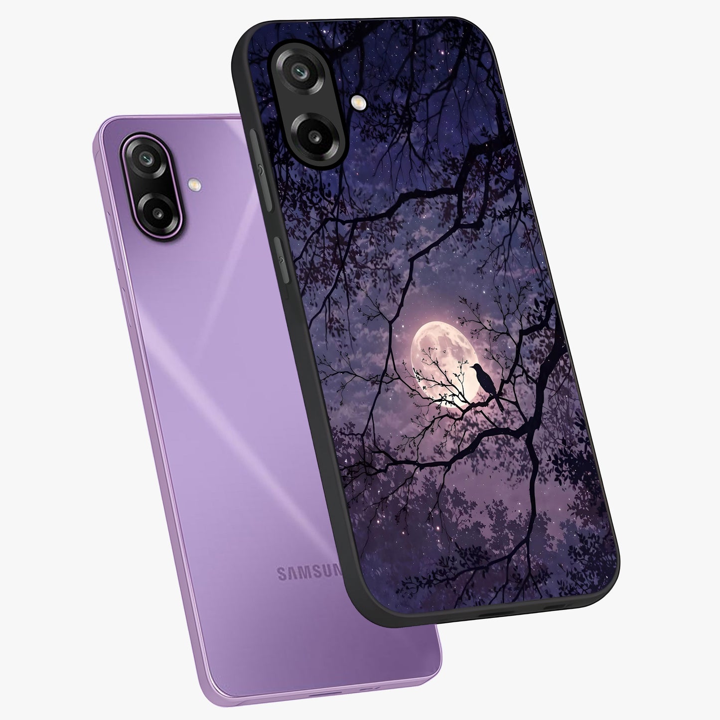 Whispering Moon Silence Glass Case displayed in angled mockup highlighting calm lunar design with dreamy night aesthetic.